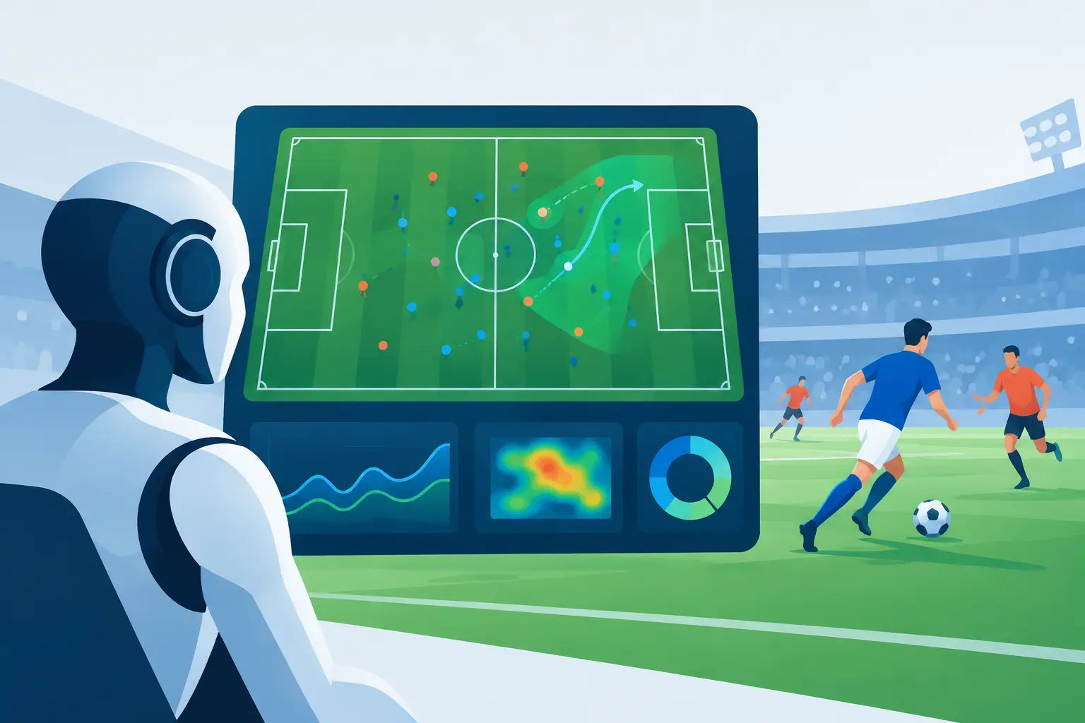 Illustration of a robot studying a tactical board showing player positions and match charts.
