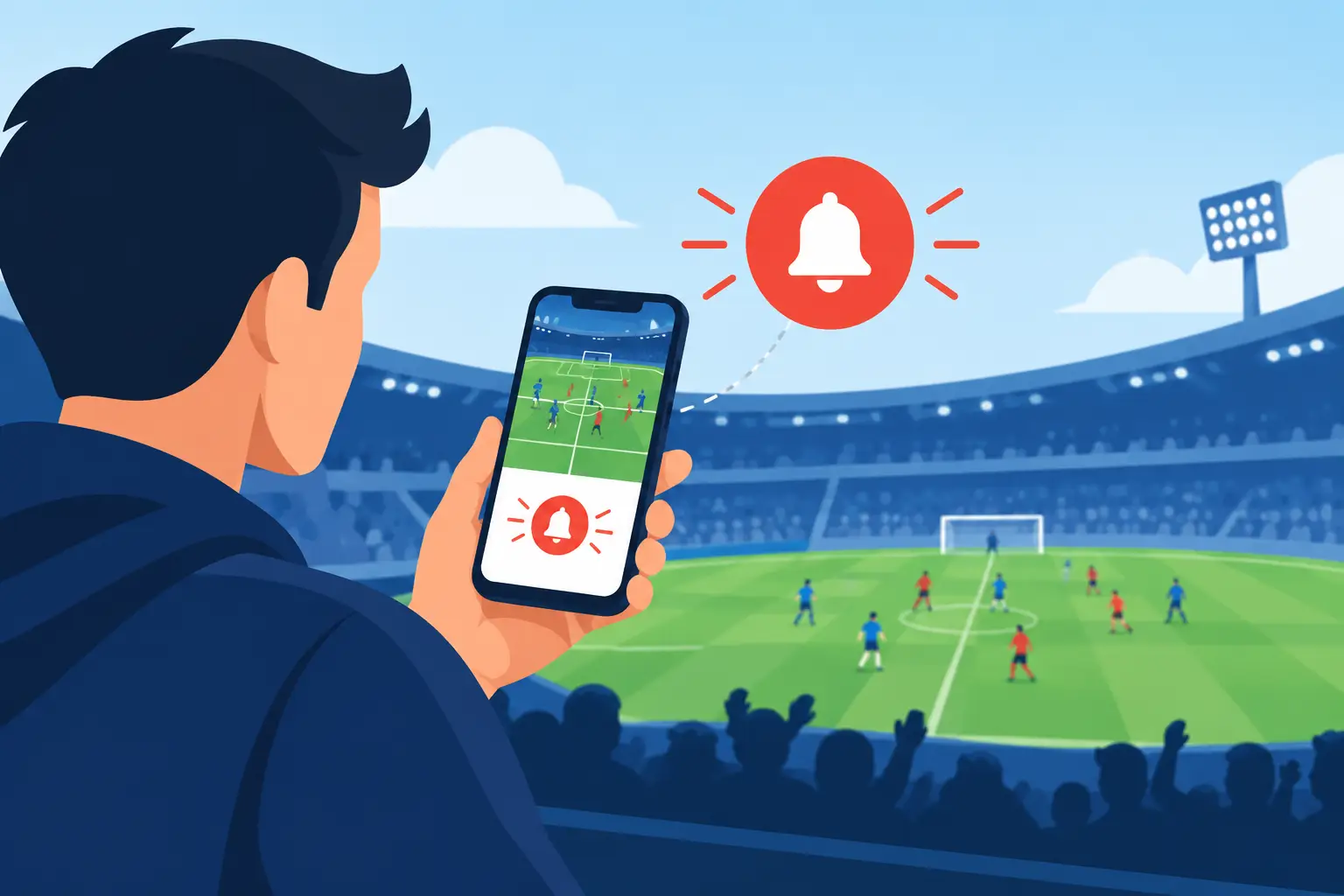 Illustration of a supporter in a stadium holding a phone that displays a football alert notification.