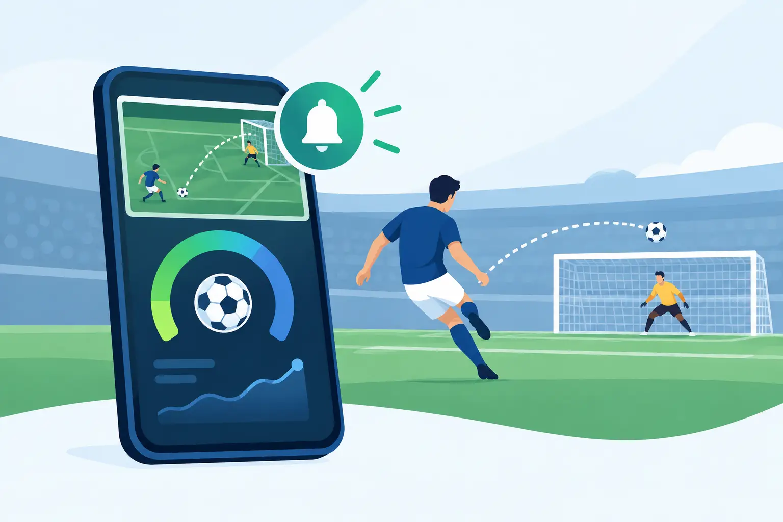 Illustrative artwork, not a Sports Alert screen: a phone showing a football notification beside a generic circular gauge and trend line, with a player shooting at goal behind it. No goal alert shows a gauge like this.