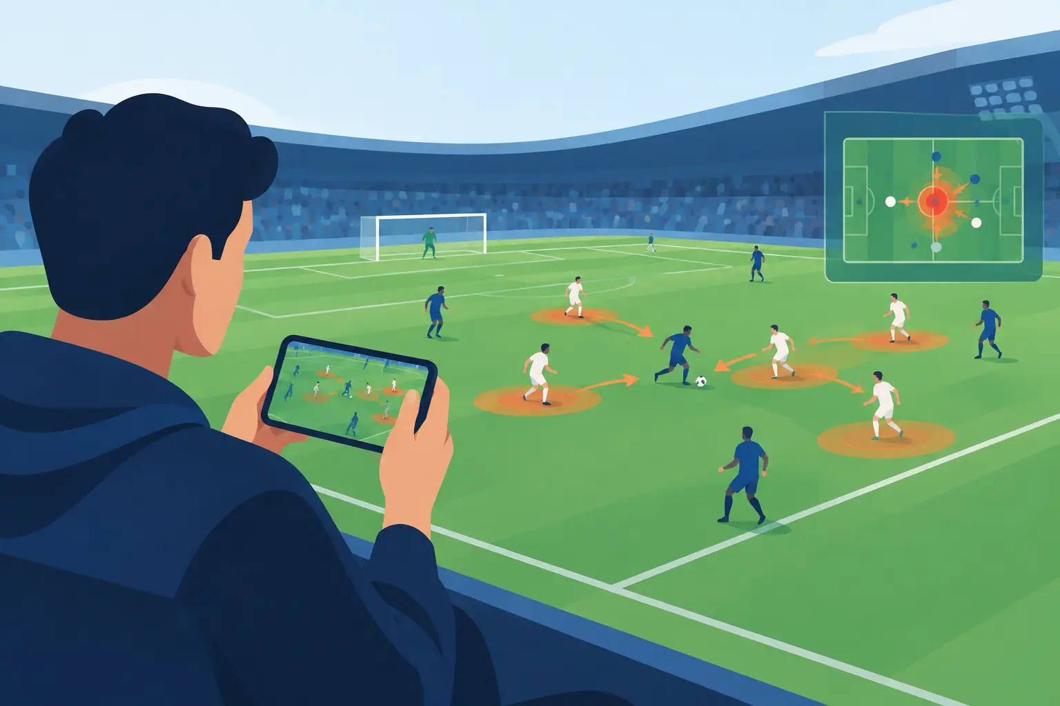 Illustration of a supporter holding a tablet above a pitch marked with circles showing concentrated activity.