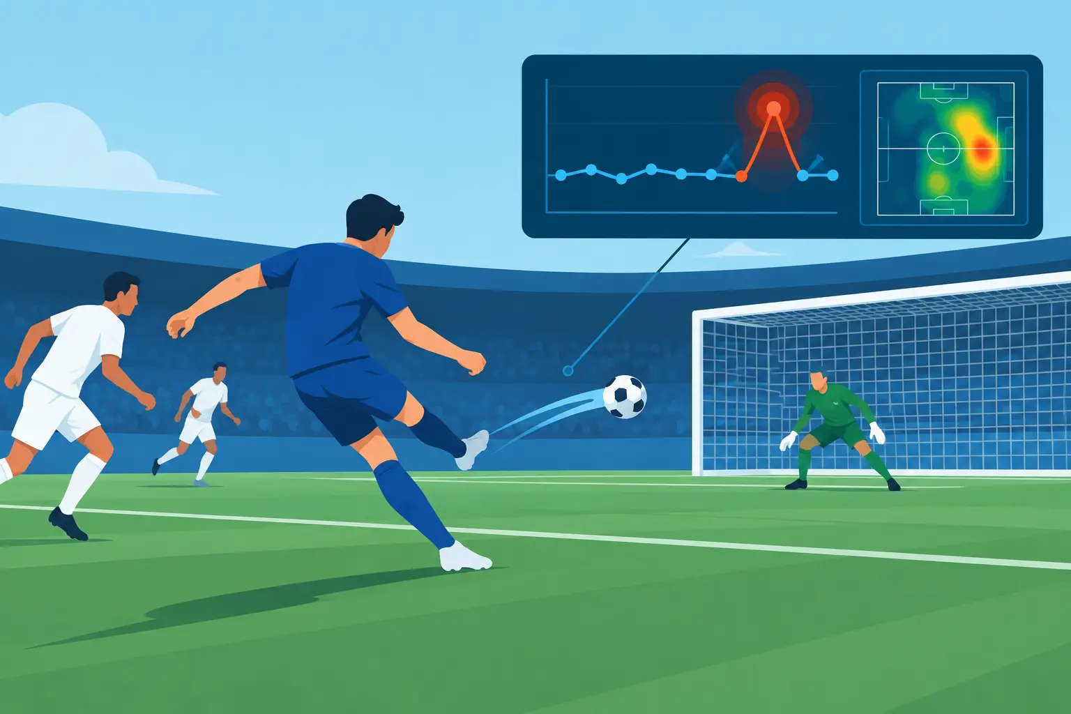 Illustration of a player shooting at goal beside an analytics panel showing a sudden spike in a line chart.
