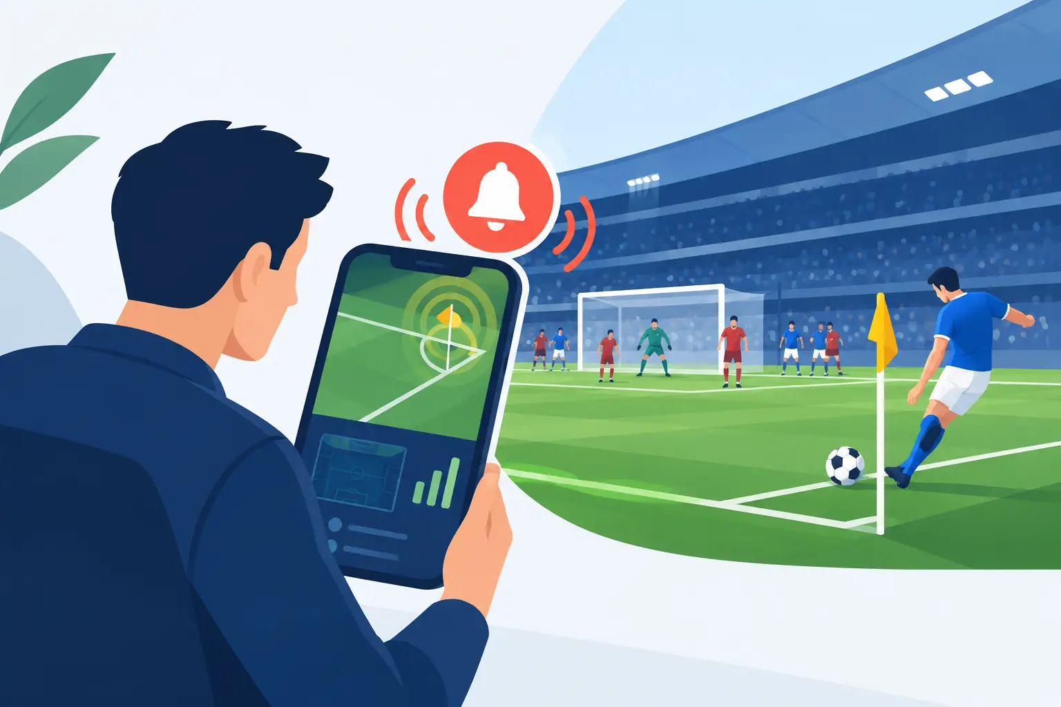 Illustration of a supporter holding a phone showing a corner alert, with a corner being taken behind.