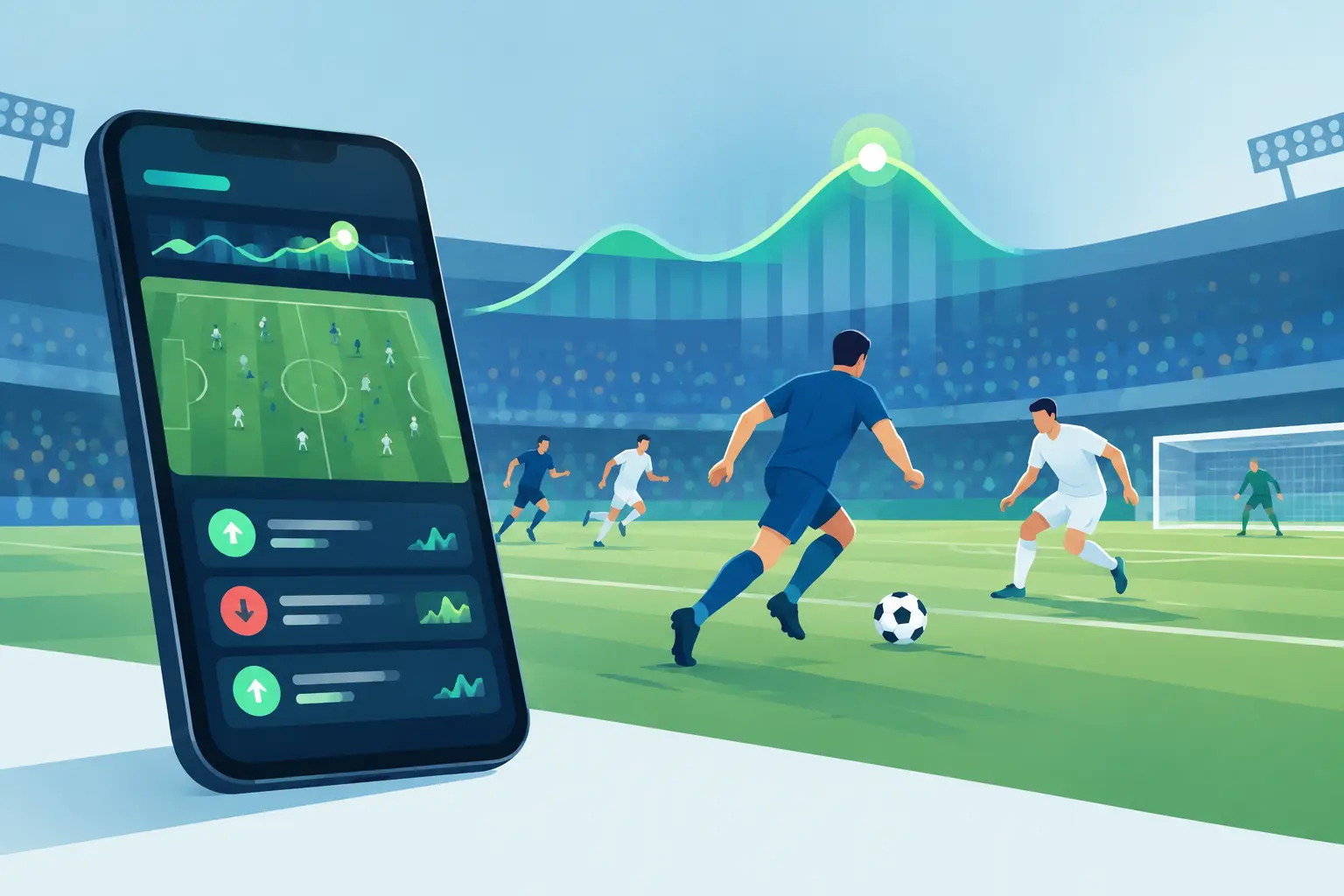 Illustration of a phone showing a live match view and momentum indicator rows beside players on a pitch.