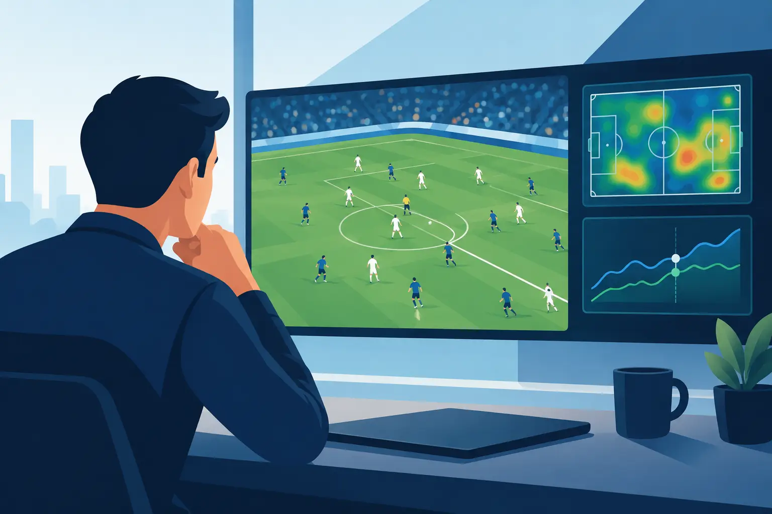 Illustration of a viewer at a desktop monitor watching a live football match beside a generic analysis panel showing a pitch heat map and trend lines.