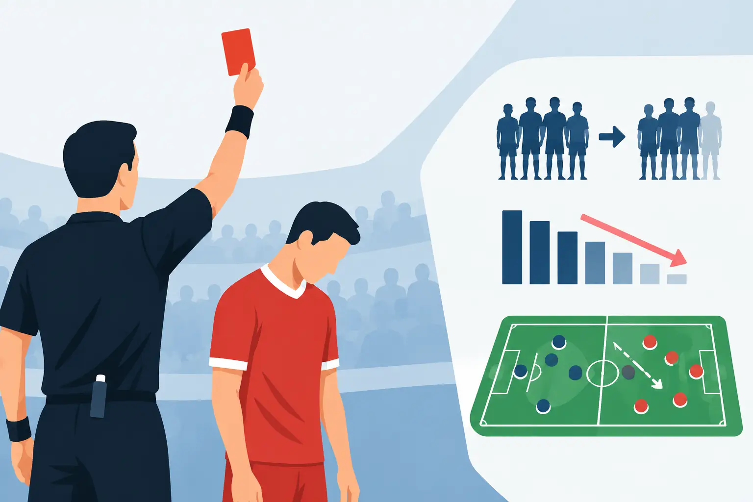 Illustration of a referee showing a red card beside a dejected player, with a panel of match diagrams.