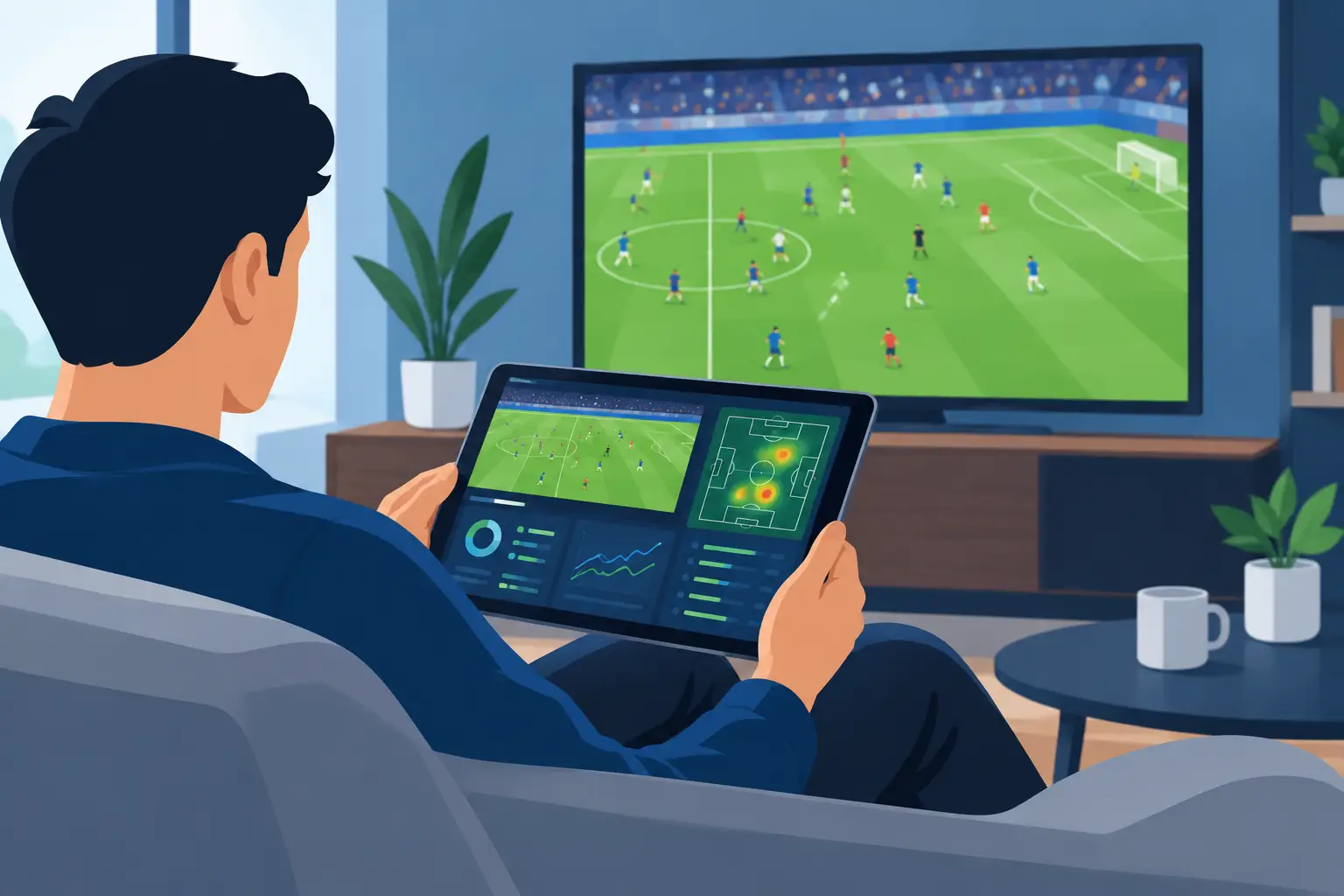 Illustration of a viewer holding a tablet showing match charts, with a football match on a television behind.