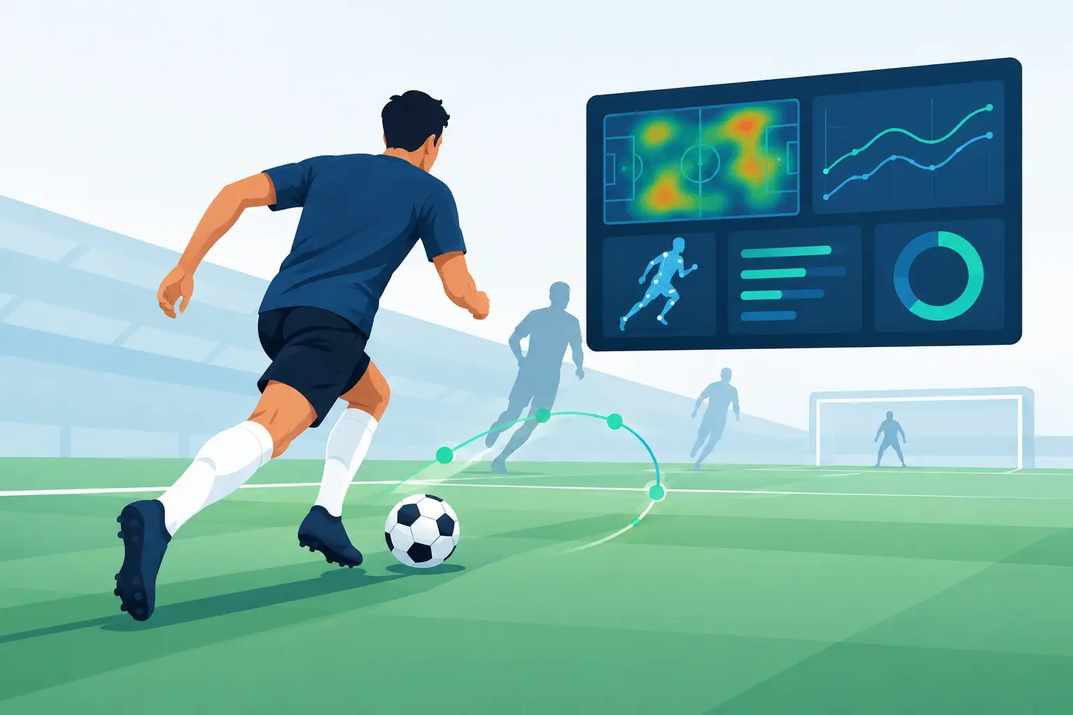 Illustrative artwork, not a Sports Alert screen: a footballer running with the ball beside a generic analytics panel showing a pitch heat map, trend lines, a player-tracking figure and a donut chart. Sports Alert produces no heat map and no player tracking.