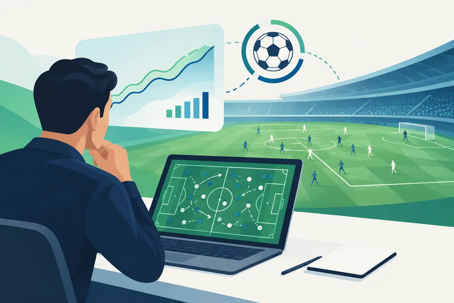 Illustrative artwork, not a Sports Alert screen: an analyst at a laptop showing a generic tactical board with player positions and movement arrows, a rising trend chart and a circular gauge, overlooking a stadium pitch. Sports Alert produces no tactical board and no positional data.