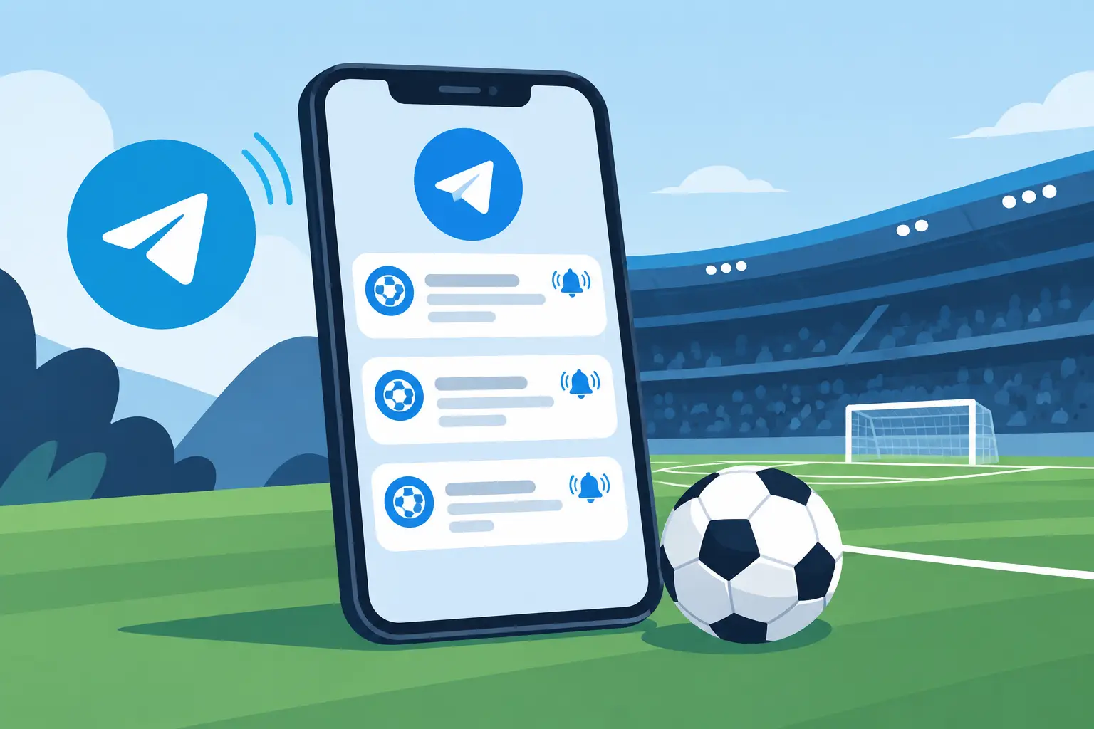 Illustration of a phone showing a Telegram chat with football alert messages beside a football on a pitch.