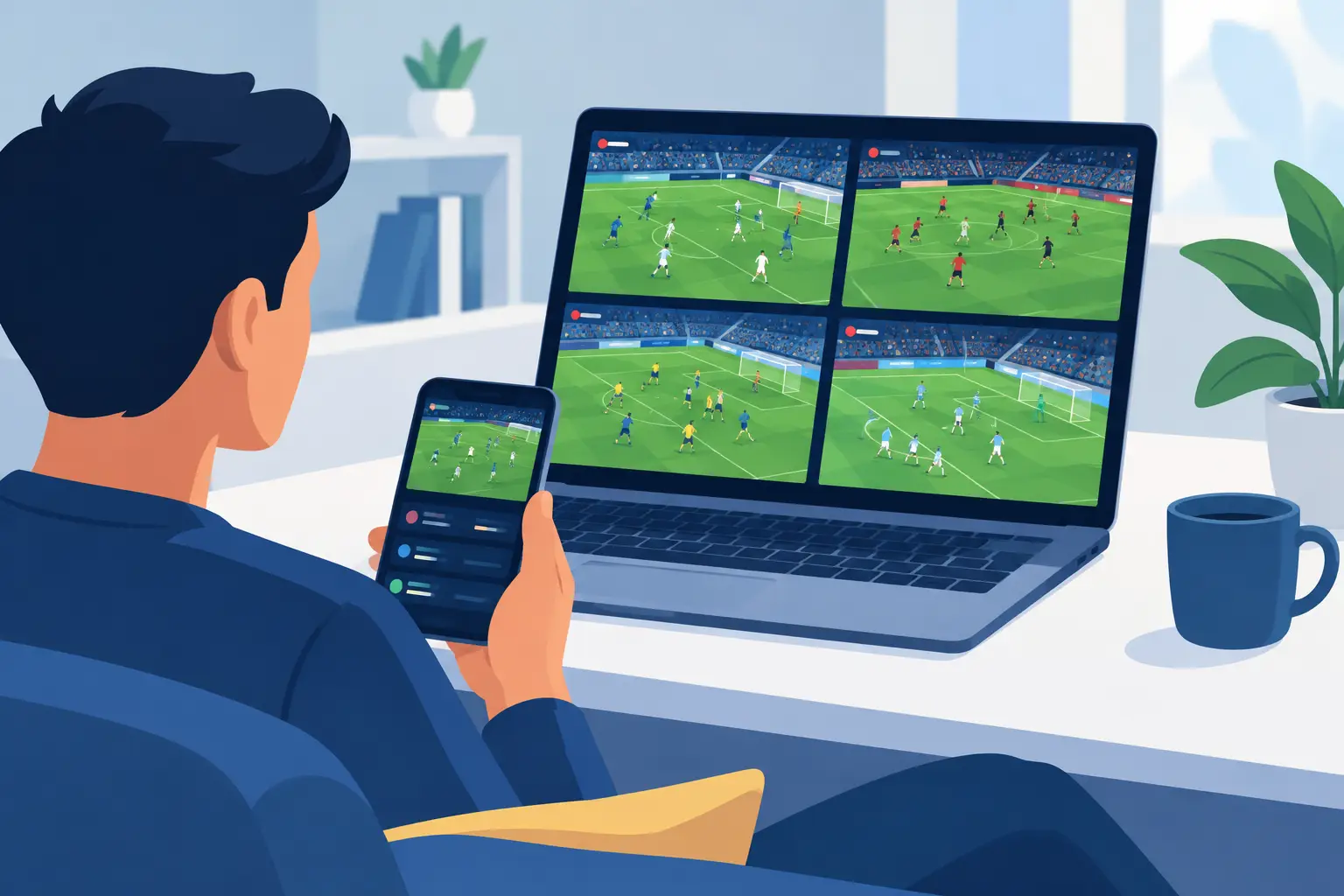 Illustration of a fan watching four live football matches on a laptop in a two-by-two grid while holding a phone showing a fifth match and a list of alerts.